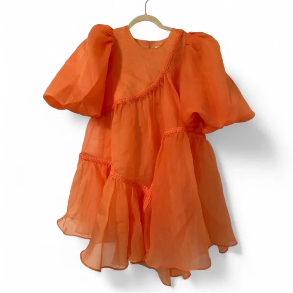 Aje Riviera Asymmetric Braided Puff Sleeve Dress Mandarin Orange 4 NWOT